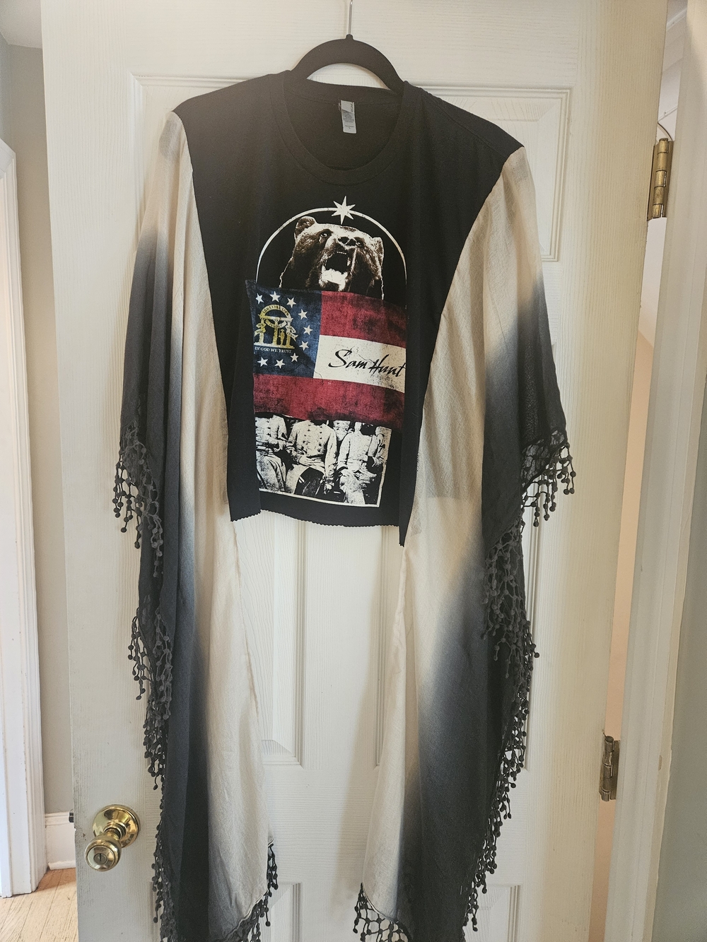 Upcycled Mix And Match Graphic Bear Crop Tee with Ombre Fringe Kimono